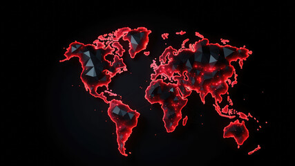 3d World map network connection red glowing polygonal triangle neon lines on dark black background. World connection futuristic concept, website landing page template design. Generative 