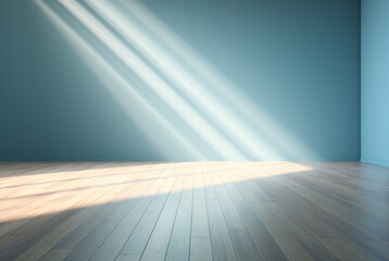 Background for product presentation, light blue wall and wooden parquet floor, sunrays and shadows from window