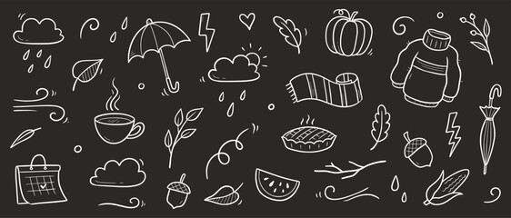 Autumn doodle vector chalkboard set. Hand drawn doodle sketch style nature fall season, autumn icon background. Autumn falling leaves, wind season, umbrella sketch elements. Vector illustration