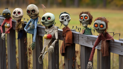 Frightening scarecrows on the fence. Halloween decoration