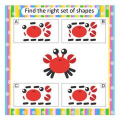 Logic puzzle for children. Find the correct set of cartoon crab. Preschool worksheet activity. Answer is D.