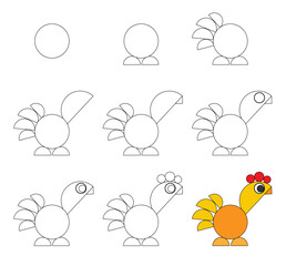 Worksheet easy guide to drawing cartoon rooster. Simple step-by-step drawing tutorial for kids.