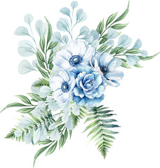 Floral arrangement isolated on white. bouquet with blue flowers, ferns, and eucalyptus twigs. 