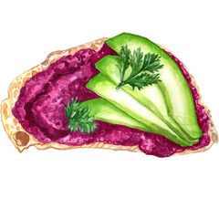 Fototapeta premium Watercolor sandwiches hand painted snacks. Flat lay food illustration. Traditional tapas. Bruschetta watercolor hand drawn set isolated on white background. Sandwiches with avocado tomato and berries.
