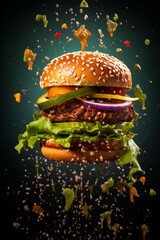 Fototapeta na wymiar Generative AI illustration of Burger in the air exploding with cheese,onion,ketchup,mustard and tomato