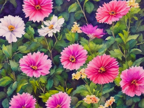 Beautiful double flowers similar to aster and chrysanthemum, painted with oil paint. Lovely bouquet. Greeting card generated by artificial intelligence. Happy birthday, mother's day, March 8