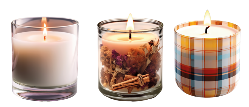 Beautiful wax candles, candles in glass holders isolated on transparent background