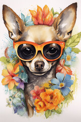 Watercolor puppy with flowers and sunglasses, Generative AI