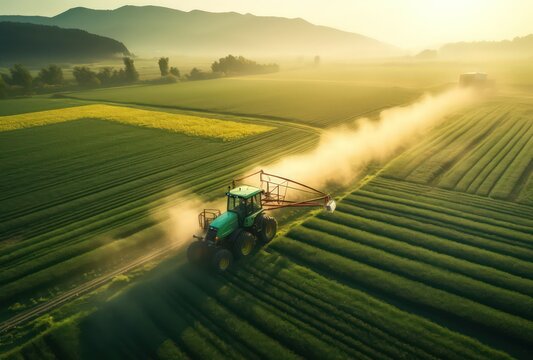 A tractor drives across a green field and sprays poisons at dawn by Generative AI
