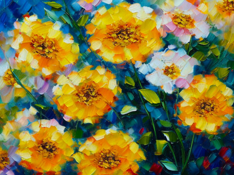 Beautiful double flowers similar to aster and chrysanthemum, painted with oil paint. Lovely bouquet. Greeting card generated by artificial intelligence. Happy birthday, mother's day, March 8