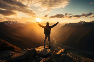 Embracing Limitless Possibilities: A Photo of a Person on a Mountain Peak, Arms Wide Open