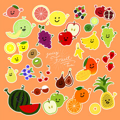 顔のついた手描きフルーツのアイコンイラスト　ベクター