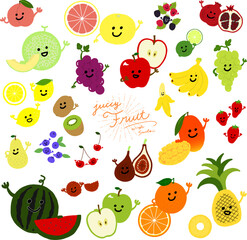 顔のついた手描きフルーツのアイコンイラスト　ベクター