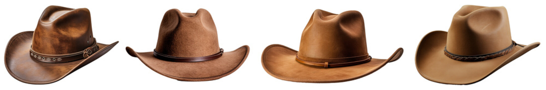 Collection of brown cowboy hat isolated on transparent background