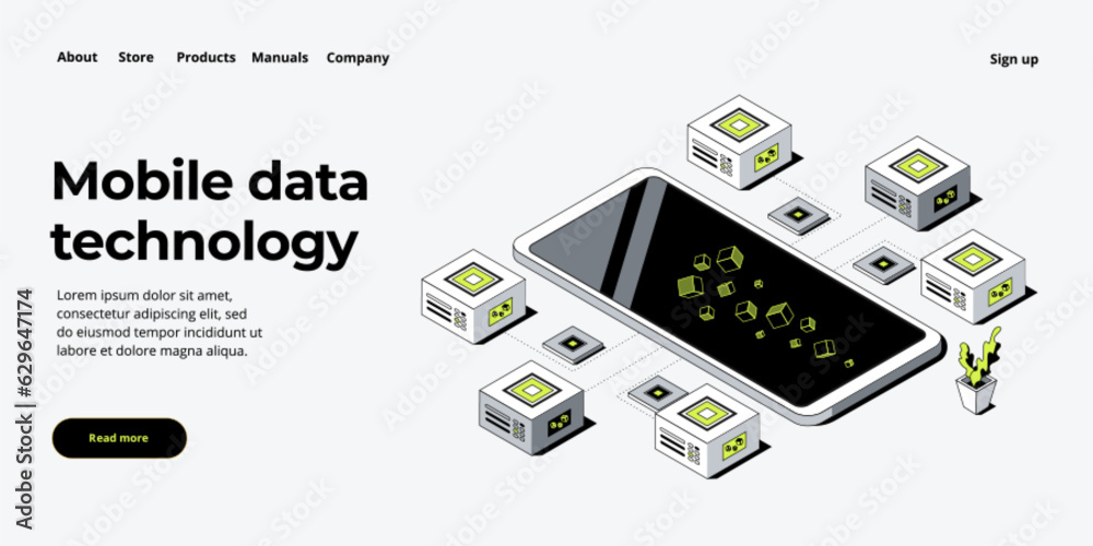 Wall mural mobile data processing technology in isometric vector illustration. information storage and analysis