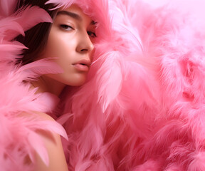Fashion editorial Concept. Closeup portrait of stunning pretty woman with chiseled features, surround in pink soft feathers boa. illuminated with dynamic composition and dramatic lighting. copy space