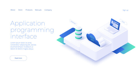 Api technology concept in isometric vector design. Application programmimg interface with data software and development. Web banner layout template