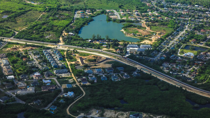 Aerial of the Cayman Islands, Grand Cayman the largest of the trio nation located in the Caribbean 