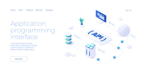 Api technology concept in isometric vector design. Application programmimg interface with data software and development. Web banner layout template