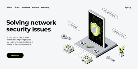 Mobile data security isometric vector illustration. Online payment protection system concept with smartphone and credit card. Secure bank transaction with password verification via internet.