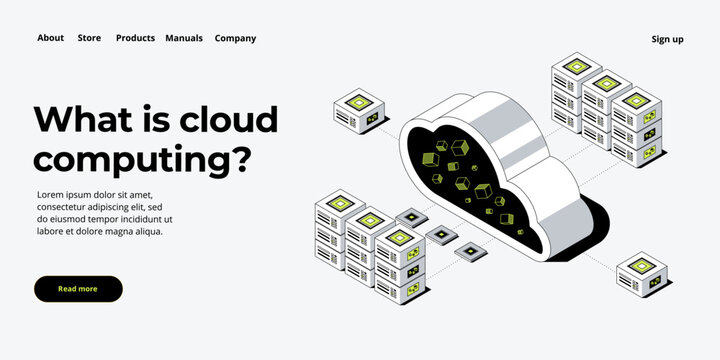 Cloud storage download isometric vector illustration. Digital service or app with data transfering. Online computing technology. 3d servers and datacenter connection network.