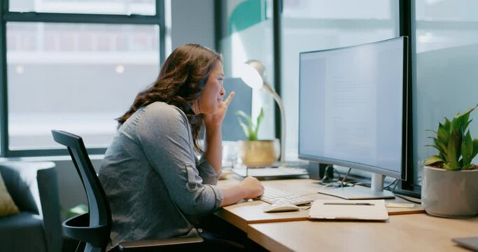 Business woman, computer screen and frustrated while reading work email, article or research at desk. Entrepreneur person with stress, burnout or a headache at office pc tired of fatigue or anxiety