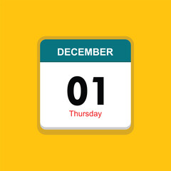 thursday 01 december icon with yellow background, calender icon