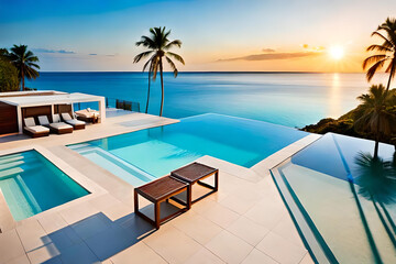 Fototapeta na wymiar image of a luxurious swimming pool with loungers, umbrellas, palm trees, a beach, the sea