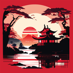 Asian lakeside town, old cottage with morning light, isolated vector tshirt design.