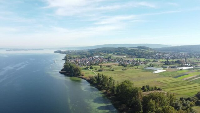 The Hoeri peninsula on western Lake Constance with the municipality of Iznang, on the left on the horizon the island of Reichenau, Constance district, Baden-Wuerttemberg, Germany, Europe