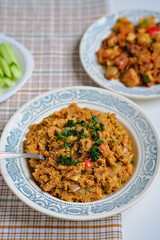 Vegetable caviar, stew with eggplant, zucchini. Healthy bright summer vitamin-rich balanced vegan tasty dish. Useful homemade veggie lunch. Vitamins, minerals menu. Fast cooking. Hot salad recipe. 