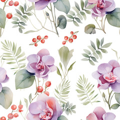 Watercolor floral seamless pattern with orchid flowers on white background. Decorative background in rustic boho style for wedding invite, fabric