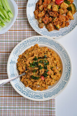 Vegetable caviar, stew with eggplant, zucchini. Healthy bright summer vitamin-rich balanced vegan tasty dish. Useful homemade veggie lunch. Vitamins, minerals menu. Fast cooking. Hot salad recipe. 