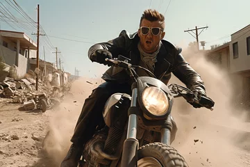 Action shot with man riding away on bike. Dynamic scene in action movie blockbuster style. © swillklitch