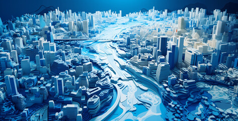 blue white and cool colors river going through the modern city hd wallpaper. Generative Ai content