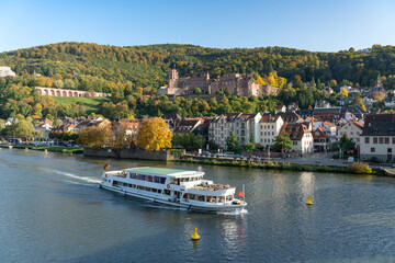 Boat tour along the Neckar River in Heidelberg in autumn season