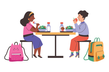 Pupils eating together at school cafeteria flat style, vector illustration