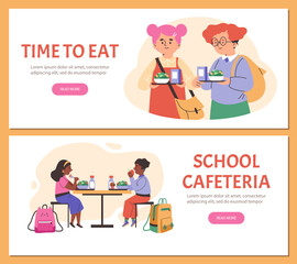School cafeteria advertising web banners set, happy kids having lunch, flat vector illustration.
