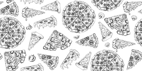 Seamless pattern with Italian pizza slices and ingredients. Italian fast food. Black and white background pizza pepperoni, salami, mushroom. Sketch style illustration for menu. Engraved style