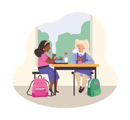 Cute girls are sitting at the table eating salad, cake and milk, having lunch in school cafeteria, vector illustration