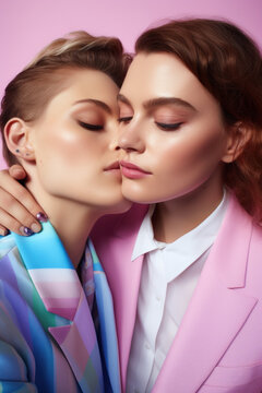 female friends/models/lgbtq + couple in magazine editorial fashion/beauty photo shoot embracing/kissing film photography look - generative ai art