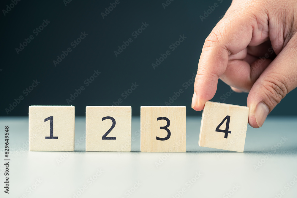 Wall mural hand arranges wood blocks of the order numbers one, two, three, and four in a row, step process, ste