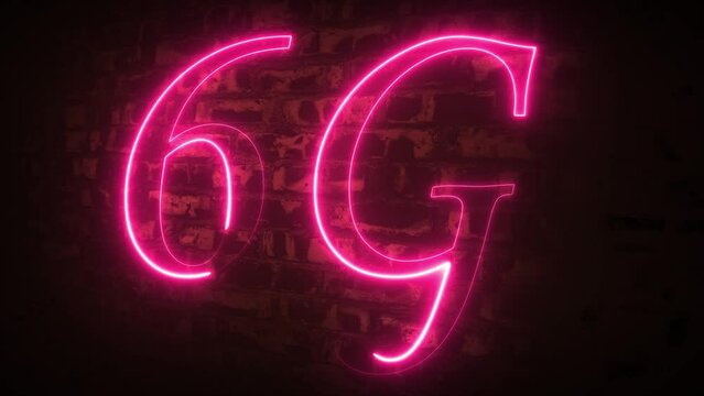 Neon 6G high speed network technology concept by neon light lines speed motion pattern isolated on black background symbol. Glowing 6G text. 6G technology text inscription Cellular Network Animation