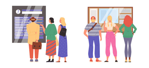 People look at scoreboard and stand with documents back view flat style