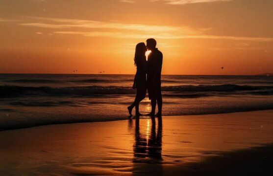 A couple enjoying a romantic sunset on the beach. Generative ai