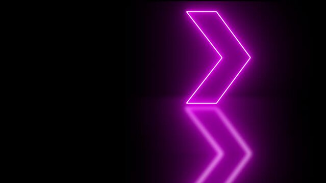 Neon bright purple light  glowing arrows pointing to the right. 3D rendering of glowing neon arrows on a black background. Flashing direction indicators.