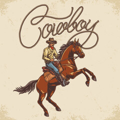 Fototapeta na wymiar Man cowboy colorful vintage sticker