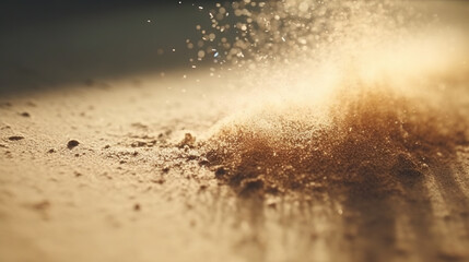 Dust particles sprayed by the wind. Sand on the ground or dust on the floor. Generative AI.