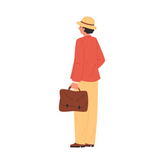 Person in suit and hat with a bag, viewed from behind, Cartoon man standing back to us, vector isolated illustration