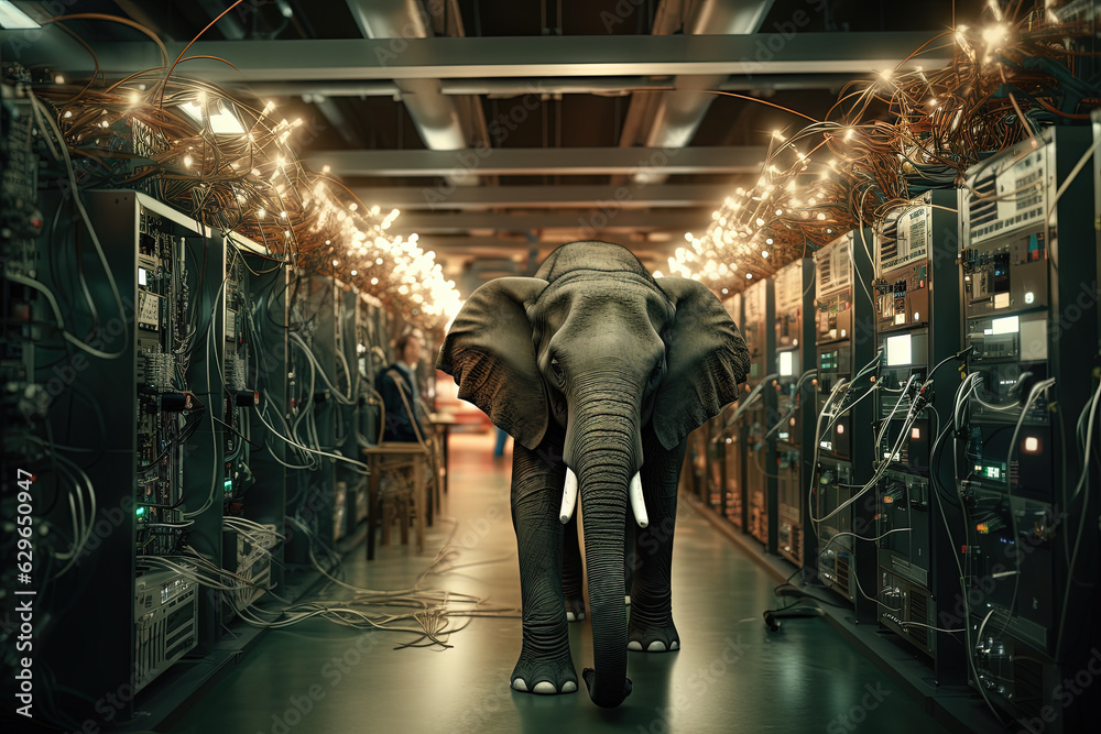 Poster elephant in the server room. concept of the big data and digital fragility.